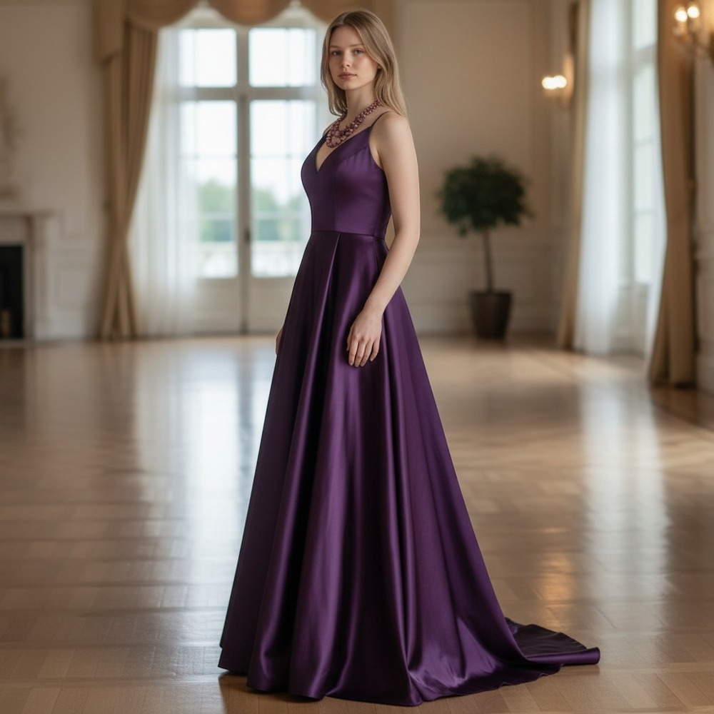 Stacees Grape Purple Satin V-Neck A-Line Gown Corset Back Prom Dress UK10 EU38